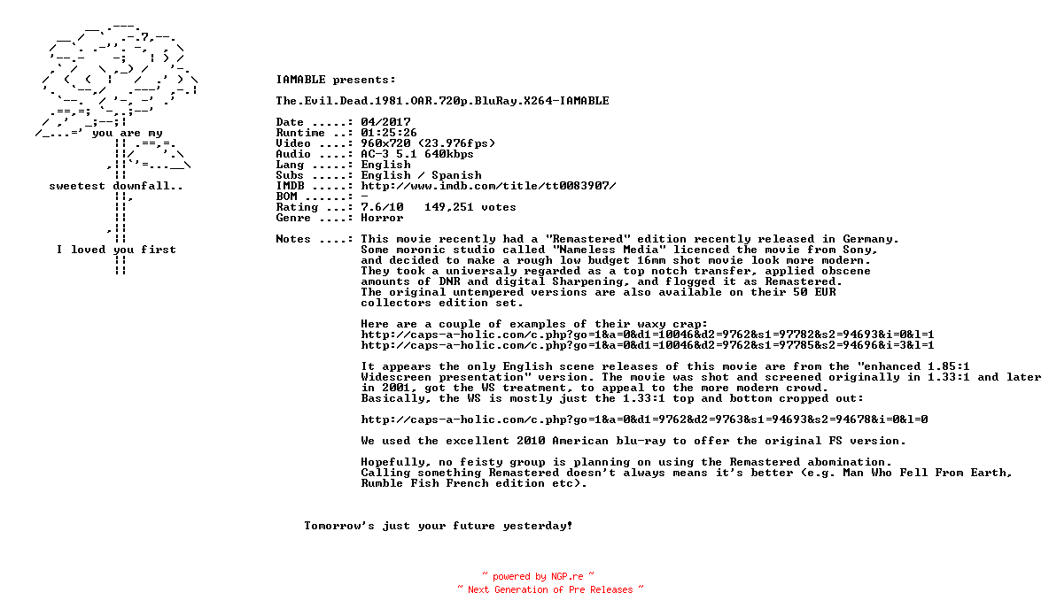 NFO for the release The.Evil.Dead.1981.OAR.READ.NFO.720p.BluRay.X264-IAMABLE by IAMABLE