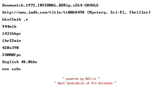 NFO for the release Doomwatch.1972.INTERNAL.BDRip.x264-GHOULS by GHOULS