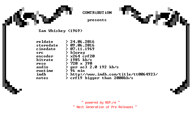 NFO for the release Sam.Whiskey.1969.German.BDRip.x264-CONTRiBUTiON by CONTRiBUTiON