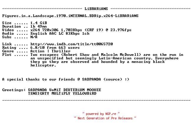 NFO for the release Figures.in.a.Landscape.1970.iNTERNAL.BDRip.x264-LiBRARiANS by LiBRARiANS