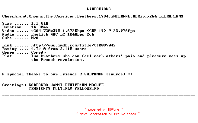 NFO for the release Cheech.and.Chongs.The.Corsican.Brothers.1984.iNTERNAL.BDRip.x264-LiBRARiANS by LiBRARiANS