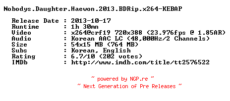 NFO for the release Nobodys.Daughter.Haewon.2013.BDRip.x264-KEBAP by KEBAP