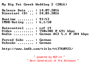 NFO for the release My.Big.Fat.Greek.Wedding.2.German.2016.AC3.BDRip.x264-COiNCiDENCE by COiNCiDENCE