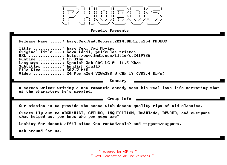 NFO for the release Easy.Sex.Sad.Movies.2014.BDRip.x264-PHOBOS by PHOBOS