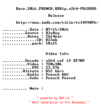 NFO for the release Race.2016.FRENCH.BDRip.x264-PRiDEHD by PRiDEHD