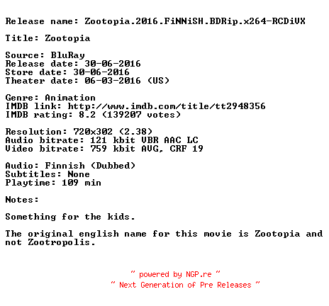 NFO for the release Zootopia.2016.FiNNiSH.BDRip.x264-RCDiVX by RCDiVX