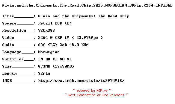 NFO for the release Alvin.and.the.Chipmunks.The.Road.Chip.2015.NORWEGiAN.BDRip.X264-iNFiDEL by iNFiDEL