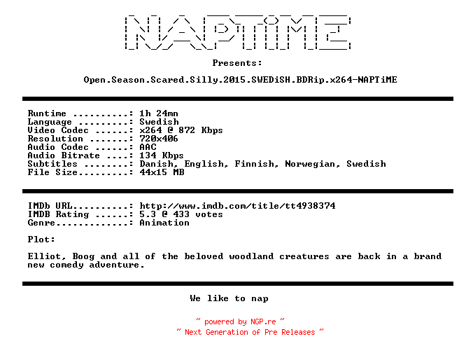 NFO for the release Open.Season.Scared.Silly.2015.SWEDiSH.BDRip.x264-NAPTiME by NAPTiME