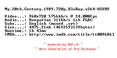 NFO for the release My.20th.Century.1989.720p.BluRay.x264-USURY by USURY