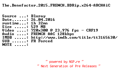 NFO for the release The.Benefactor.2015.FRENCH.BDRip.x264-ARCHAiC by ARCHAiC