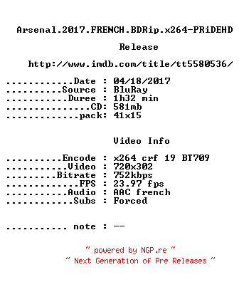 NFO for the release Arsenal.2017.FRENCH.BDRip.x264-PRiDEHD by PRiDEHD