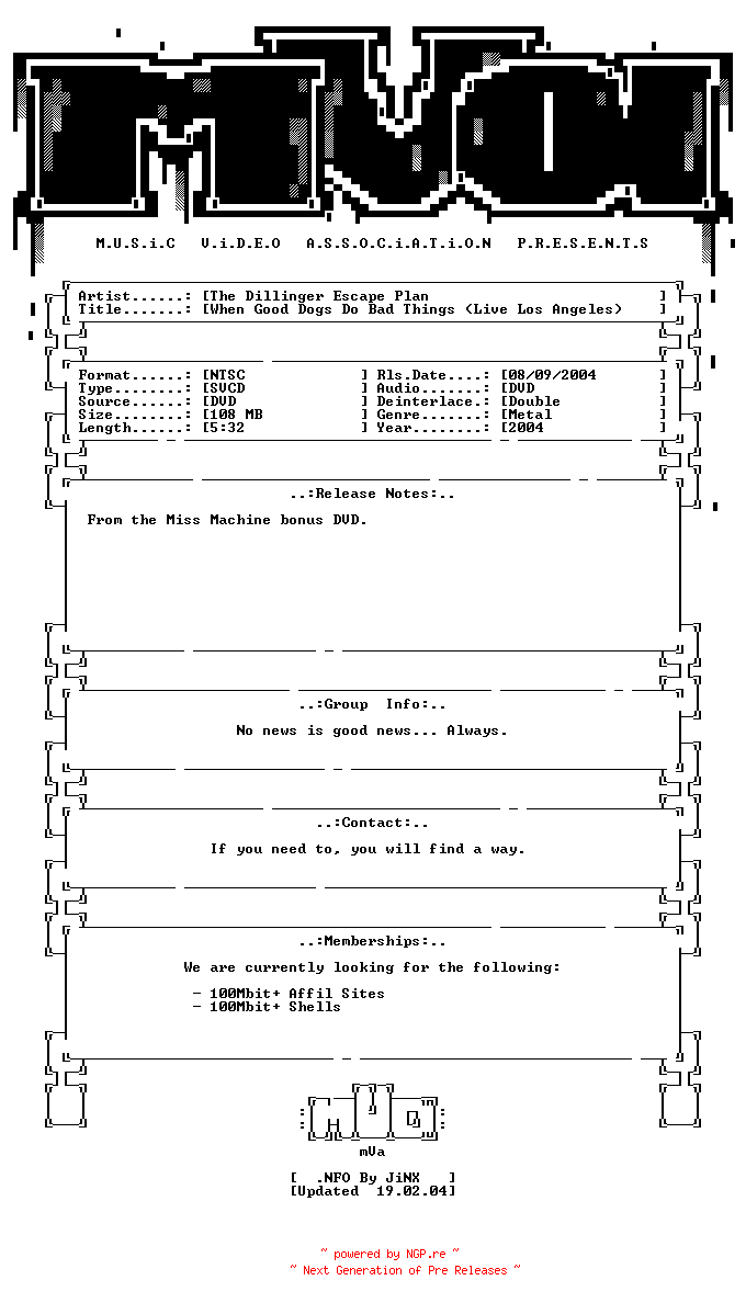 NFO for the release The_dillinger_escape_plan-when_good_dogs_do_bad_things_(live_los_angeles)-dvdrip-svcd-2004-mVa by mVa