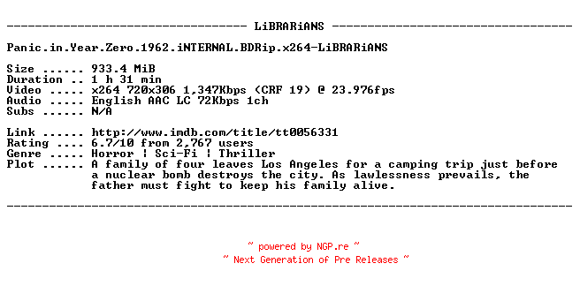 NFO for the release Panic.in.Year.Zero.1962.iNTERNAL.BDRip.x264-LiBRARiANS by LiBRARiANS