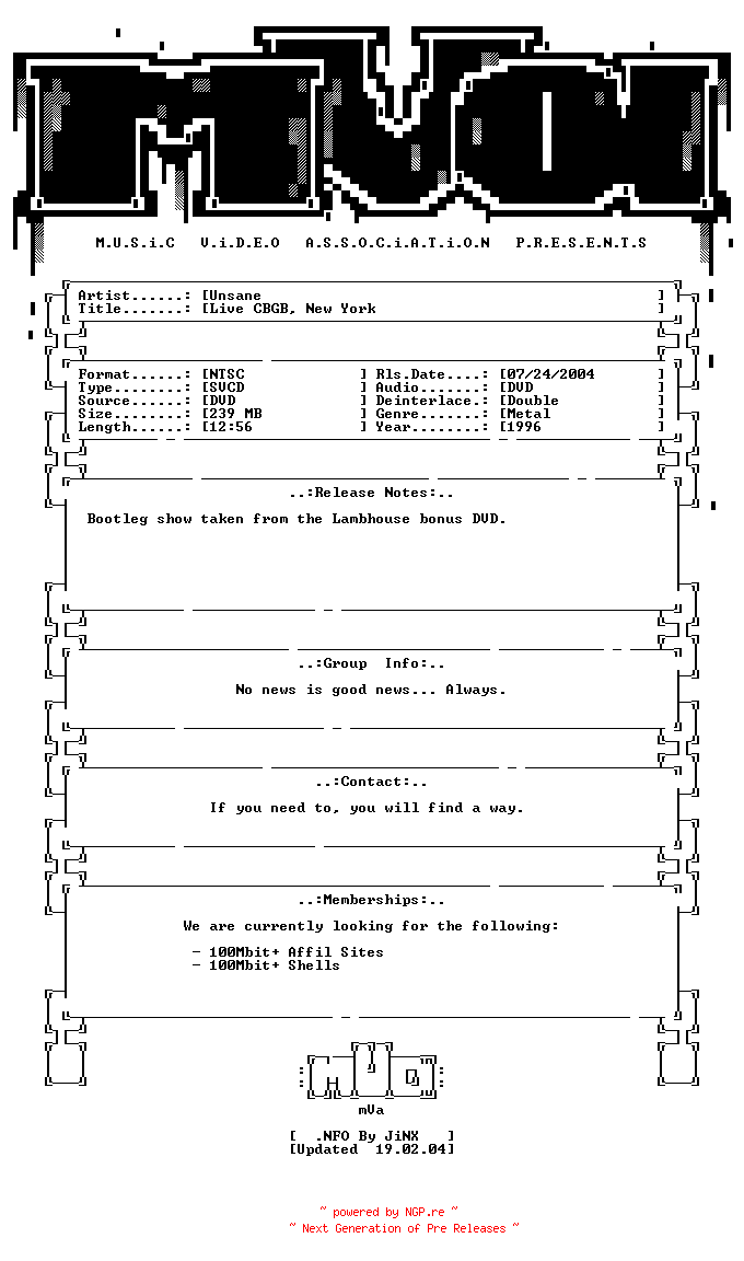 NFO for the release Unsane-live_cbgb_new_york-dvdrip-svcd-1996-mVa by mVa