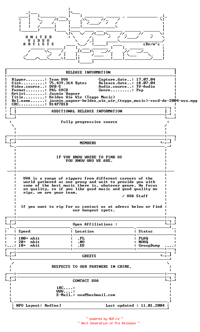 NFO for the release Jasmin_wagner-helden_wie_wir_(toggo_music)-svcd-de-2004-uva by uva