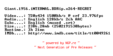 NFO for the release Giant.1956.iNTERNAL.BDRip.x264-REGRET by REGRET
