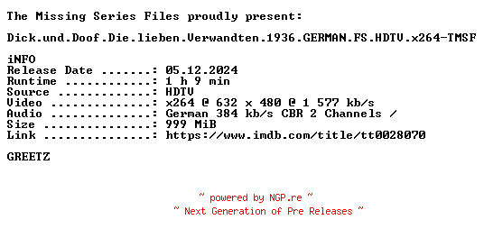NFO for the release Dick.und.Doof.Die.lieben.Verwandten.1936.GERMAN.FS.HDTV.x264-TMSF by TMSF