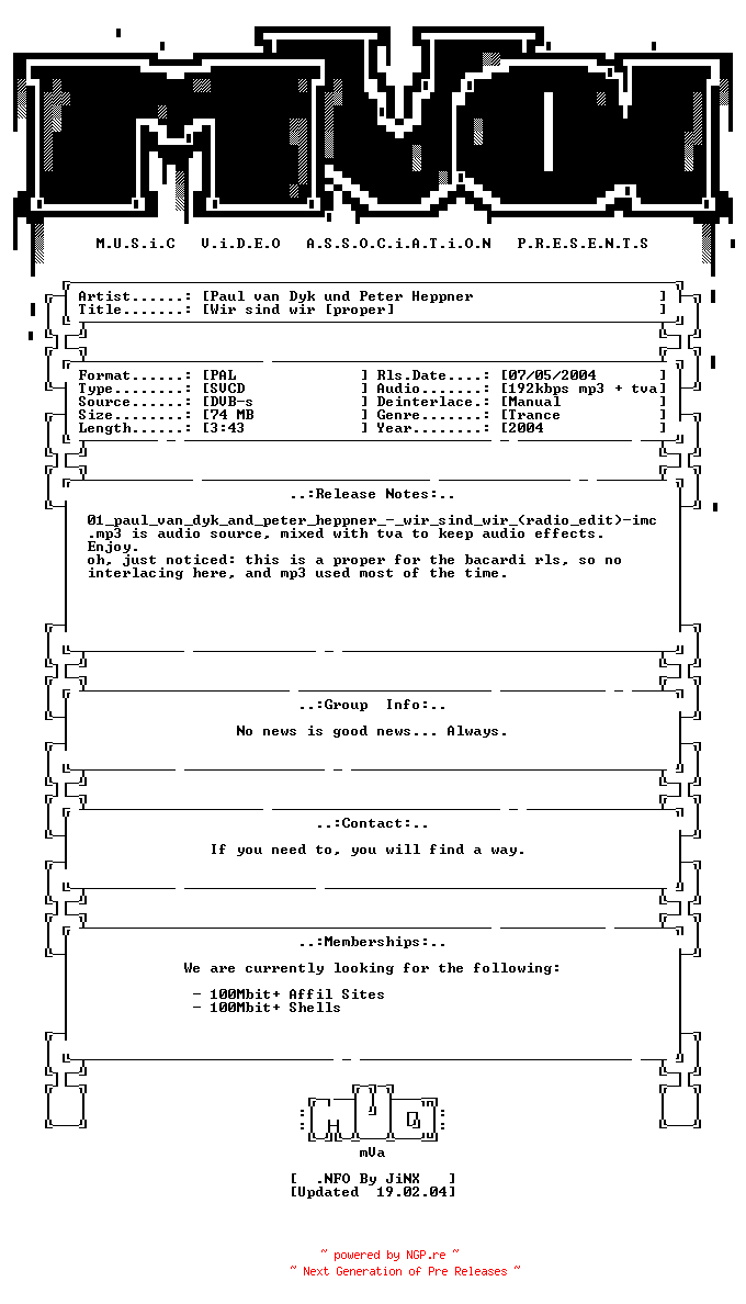 NFO for the release Paul_van_dyk_und_peter_heppner-wir_sind_wir-proper-svcd-de-2004-mVa by mVa
