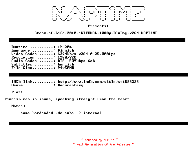 NFO for the release Steam.of.Life.2010.iNTERNAL.720p.BluRay.x264-NAPTiME by NAPTiME
