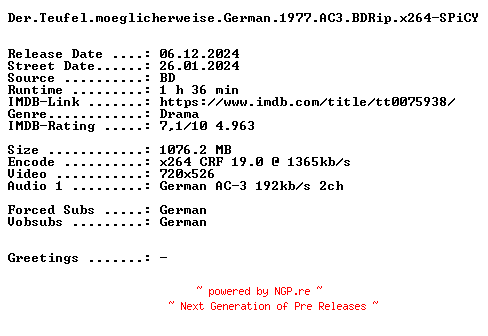 NFO for the release Der.Teufel.moeglicherweise.German.1977.AC3.BDRip.x264-SPiCY by SPiCY