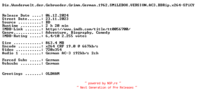 NFO for the release Die.Wunderwelt.der.Gebrueder.Grimm.German.1962.SMiLEBOX.VERSION.AC3.BDRip.x264-SPiCY by SPiCY