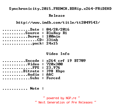 NFO for the release Synchronicity.2015.FRENCH.BDRip.x264-PRiDEHD by PRiDEHD
