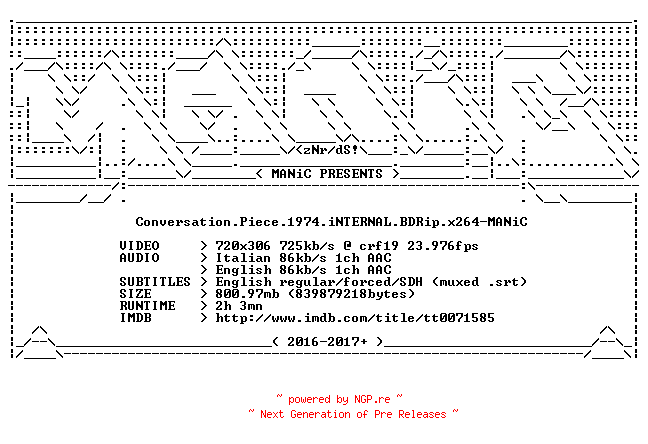 NFO for the release Conversation.Piece.1974.iNTERNAL.BDRip.x264-MANiC by MANiC