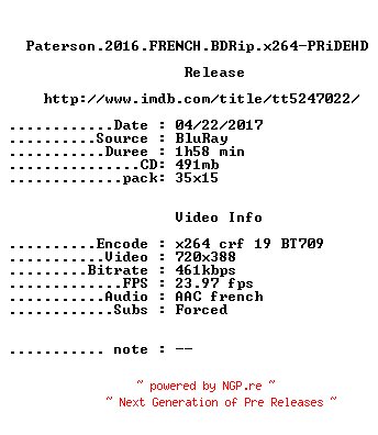 NFO for the release Paterson.2016.FRENCH.BDRip.x264-PRiDEHD by PRiDEHD