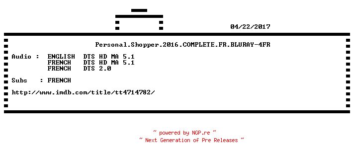 NFO for the release Personal.Shopper.2016.COMPLETE.FR.BLURAY-4FR by 4FR
