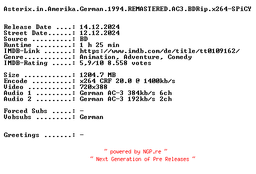 NFO for the release Asterix.in.Amerika.German.1994.REMASTERED.AC3.BDRip.x264-SPiCY by SPiCY