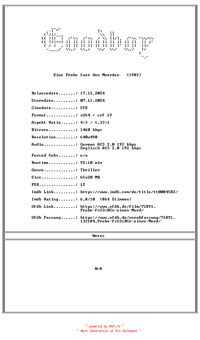 NFO for the release Eine.Probe.fuer.den.Moerder.GERMAN.1982.FS.DL.AC3.DVDRiP.x264-Goodboy by Goodboy