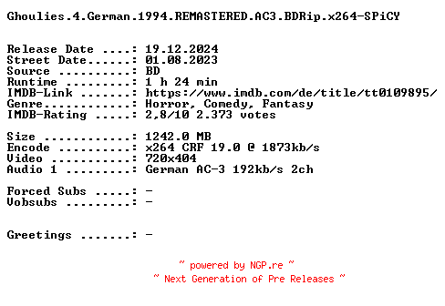NFO for the release Ghoulies.4.German.1994.REMASTERED.AC3.BDRip.x264-SPiCY by SPiCY