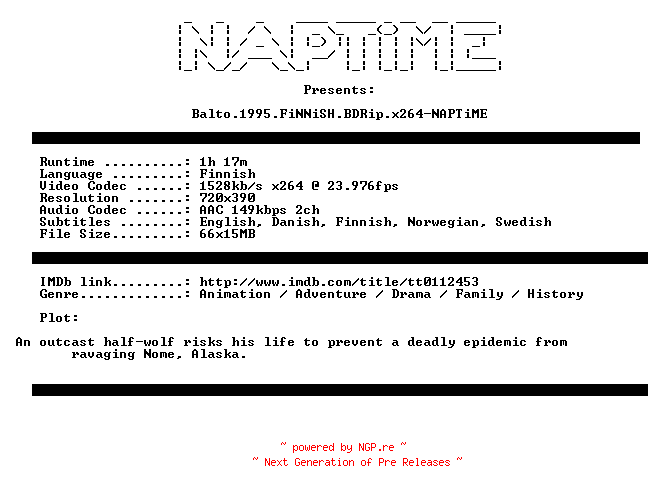 NFO for the release Balto.1995.FiNNiSH.BDRip.x264-NAPTiME by NAPTiME