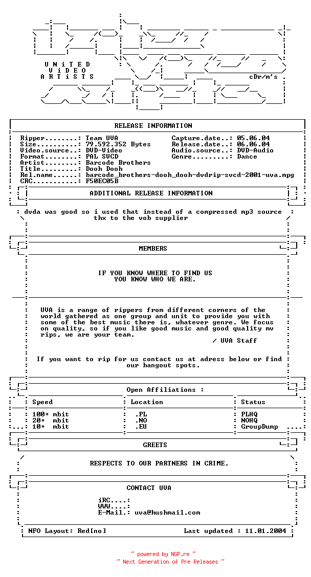 NFO for the release Barcode_brothers-dooh_dooh-dvdrip-svcd-2001-uva by uva