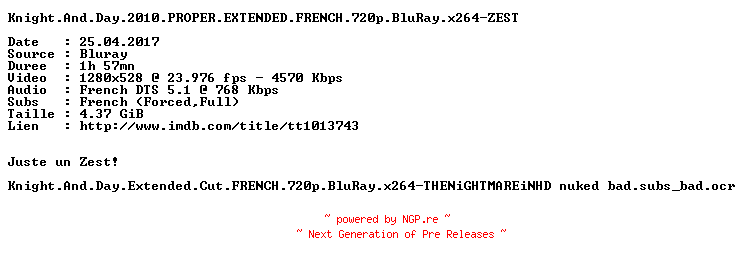 NFO for the release Knight.And.Day.2010.PROPER.EXTENDED.FRENCH.720p.BluRay.x264-ZEST by ZEST