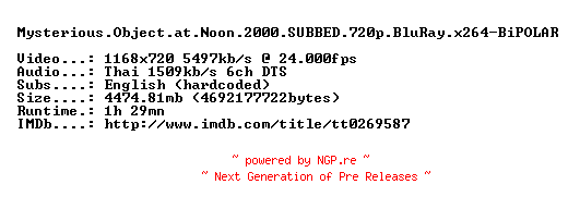 NFO for the release Mysterious.Object.at.Noon.2000.SUBBED.720p.BluRay.x264-BiPOLAR by BiPOLAR