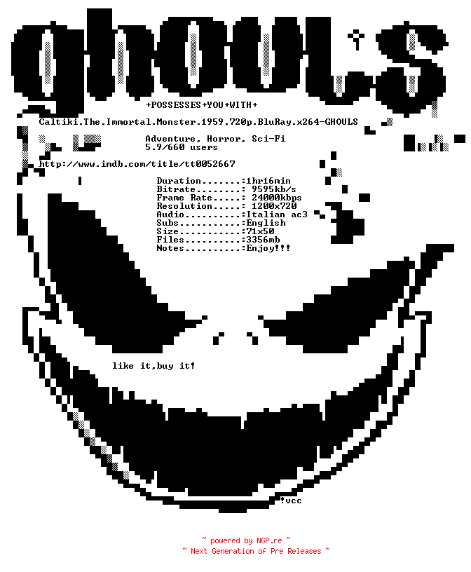 NFO for the release Caltiki.The.Immortal.Monster.1959.720p.BluRay.x264-GHOULS by GHOULS
