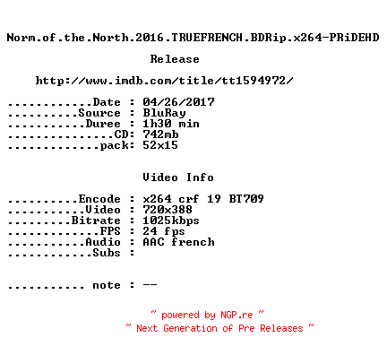 NFO for the release Norm.of.the.North.2016.TRUEFRENCH.BDRip.x264-PRiDEHD by PRiDEHD