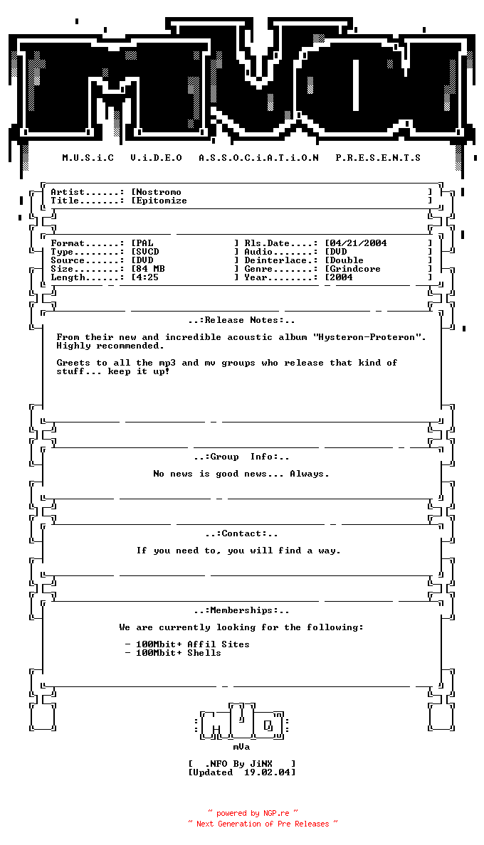 NFO for the release Nostromo-epitomize_(acoustic_version)-dvdrip-svcd-2004-mVa by mVa