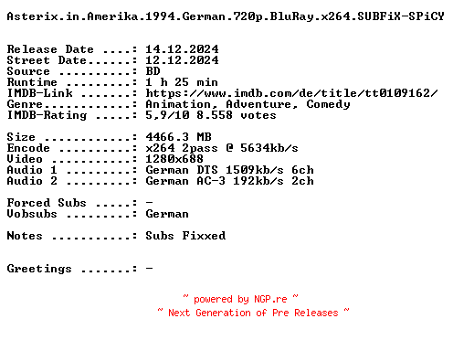 NFO for the release Asterix.in.Amerika.1994.REMASTERED.German.720p.BluRay.x264.SUBFiX-SPiCY by SPiCY