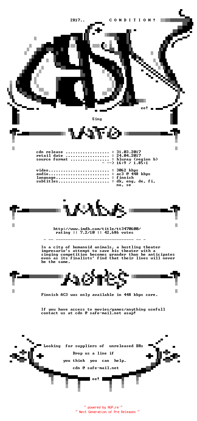 NFO for the release Sing.2016.FINNISH.720p.BluRay.x264-CONDITION by CONDITION