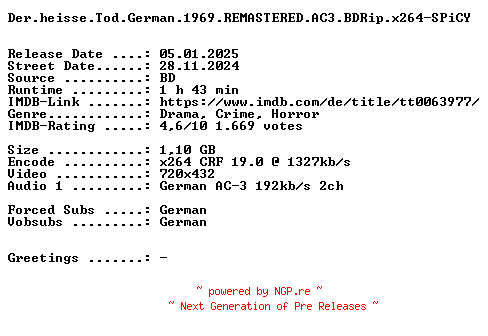 NFO for the release Der.heisse.Tod.German.1969.LANGFASSUNG.AC3.BDRip.x264-SPiCY by SPiCY