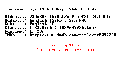 NFO for the release The.Zero.Boys.1986.BDRip.x264-BiPOLAR by BiPOLAR