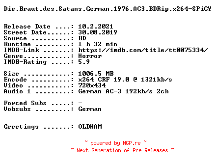 NFO for the release Die.Braut.des.Satans.German.1976.AC3.BDRip.x264-SPiCY by SPiCY