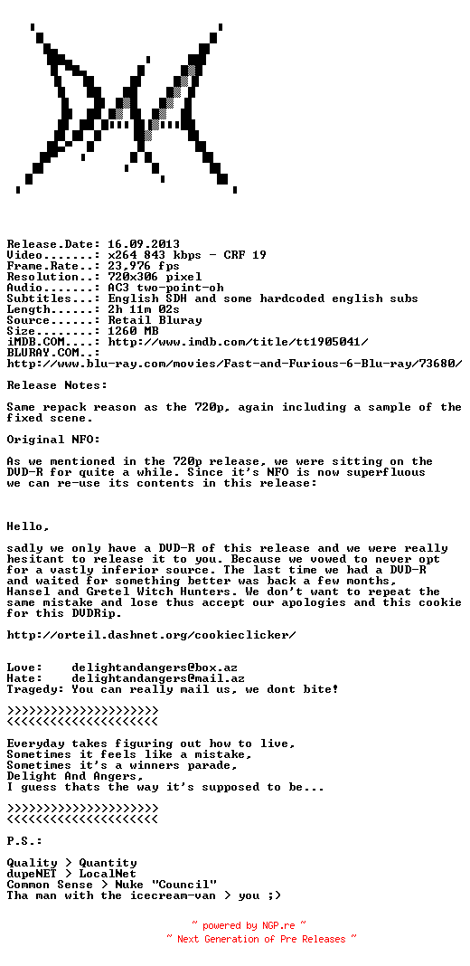 NFO for the release Fast.and.Furious.6.2013.REPACK.BDRip.x264-DAA by DAA