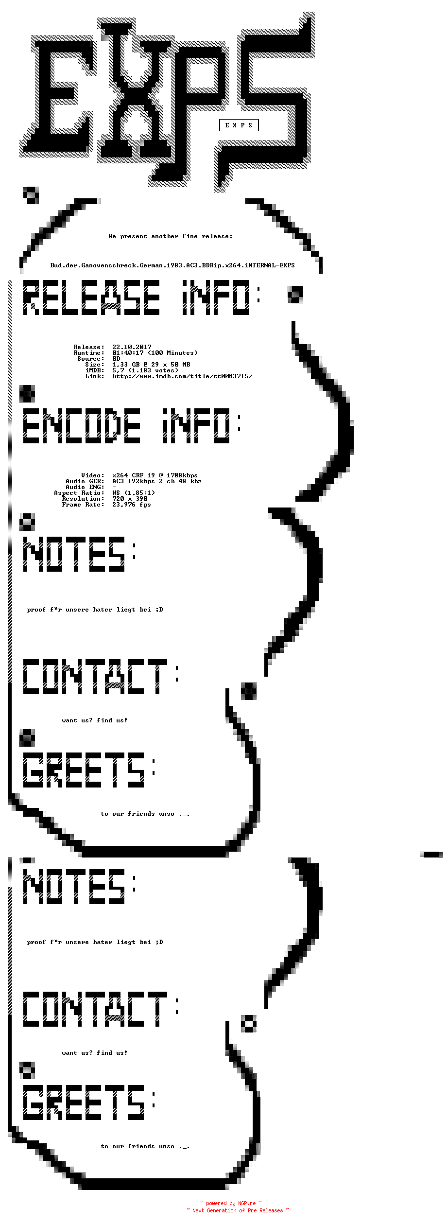 NFO for the release Bud.der.Ganovenschreck.German.1983.AC3.BDRip.x264.iNTERNAL-EXPS by EXPS