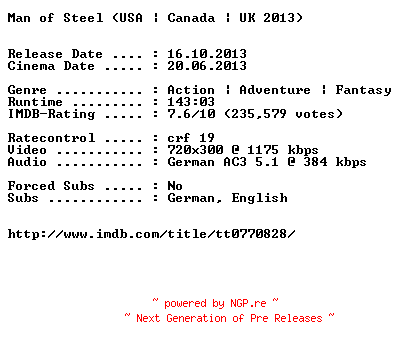 NFO for the release Man.of.Steel.German.BDRiP.x264-EXQUiSiTE by EXQUiSiTE