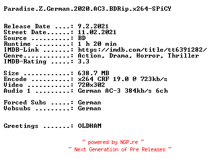 NFO for the release Paradise.Z.German.2020.AC3.BDRip.x264-SPiCY by SPiCY