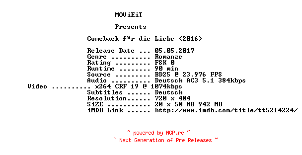 NFO for the release Comeback.fuer.die.Liebe.German.2016.AC3.BDRip.x264-MOViEiT by MOViEiT