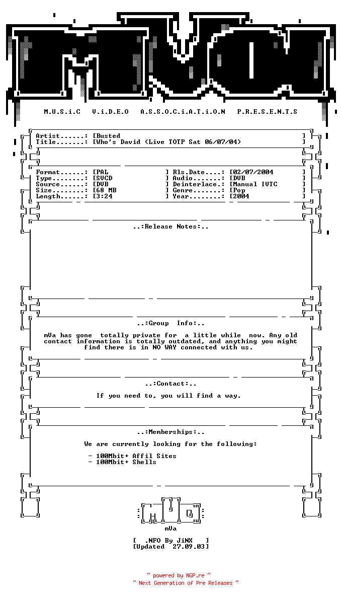 NFO for the release Busted-whos_david-(live-totp_saturday-07_02_04)-svcd-2004-mVa by mVa
